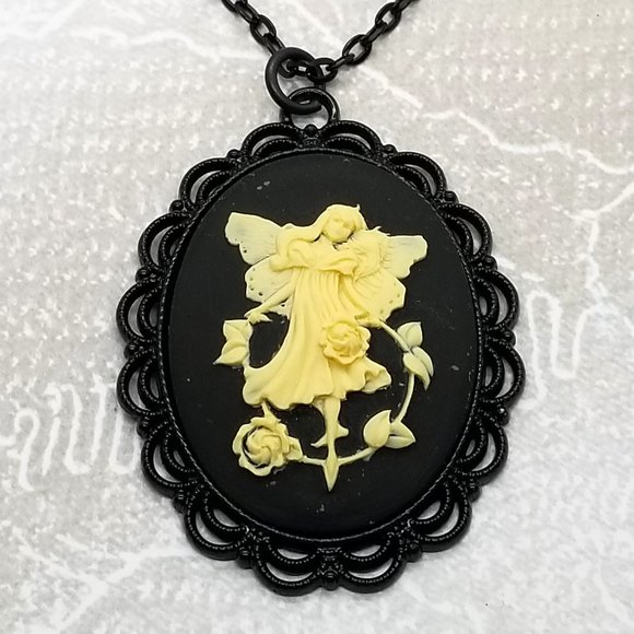 Baroque Vintage - Custom Made Jewelry - Gothic Flower Fairy Black Cameo Necklace
